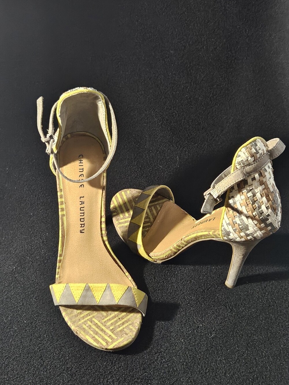 Chinese Laundry "La Paz" Yellow & Gray Woven Pattern Ankle-Strap Heels -Size 6.5